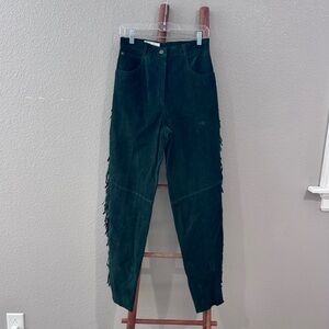 Cedars Vintage 80's Women's Suede Leather Fringe Pants Green Western Rodeo 12
